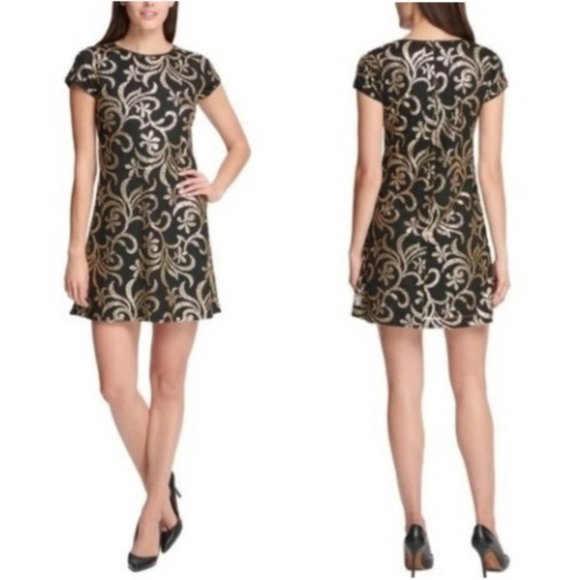 NWT Black Gold Sequin Embellished Cocktail Dress - Picture 2 of 14